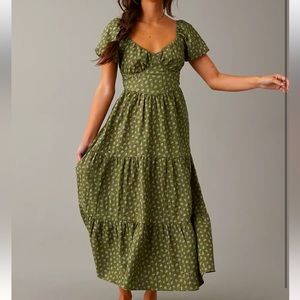 AE Floral Olive Open Back Corset Midi Dress